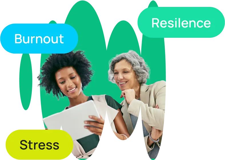 Employees with burnout, resilience and stress tags